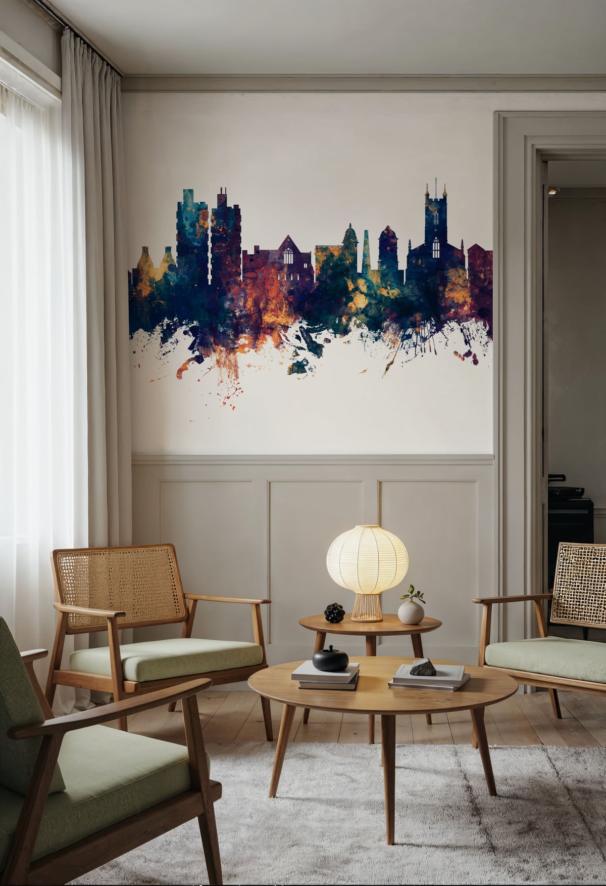 Stoke-on-Trent Skyline Blue & Bronze Mural Wallpaper - room preview 02