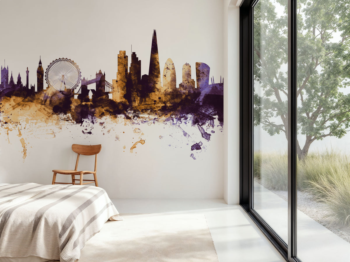 London Skyline Purple & Gold Mural Wallpaper - room preview 02