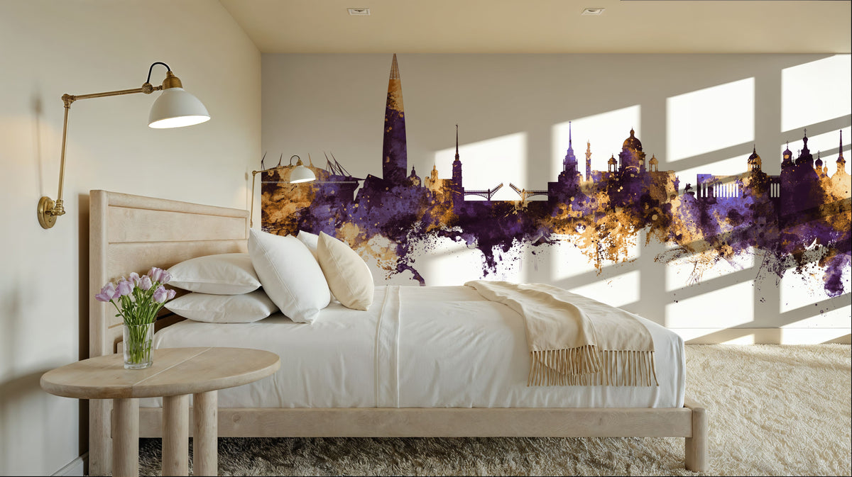 St Petersbug Russia Skyline Purple & Gold Mural Wallpaper - room preview 02