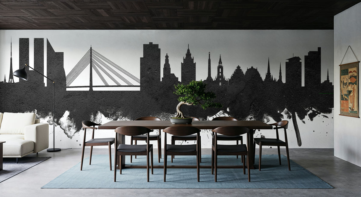 Riga Latvia Skyline Black & White Mural Wallpaper - room preview 02