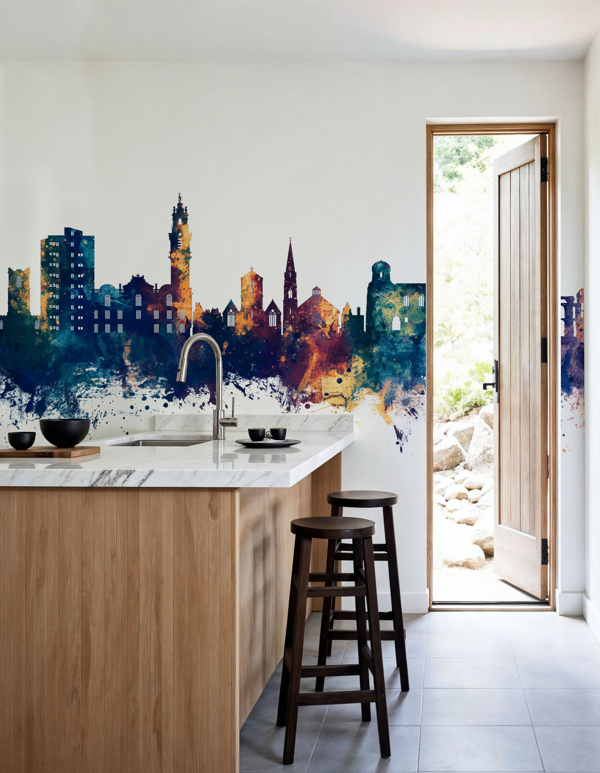 Colchester England Skyline Blue & Bronze Mural Wallpaper - room preview 02