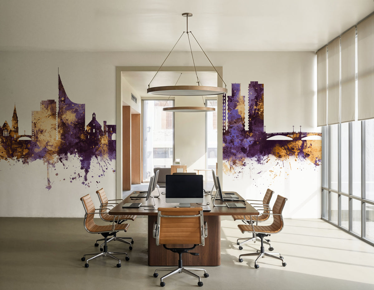 Reading England Skyline Purple & Gold Mural Wallpaper - room preview 02