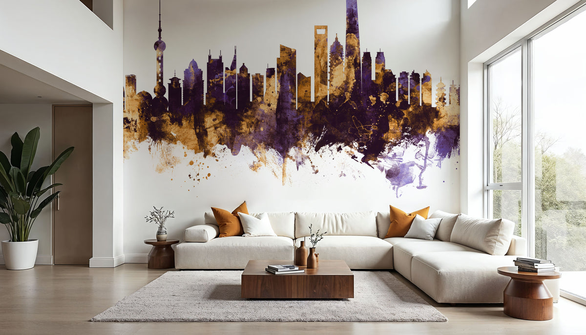 Shanghai China Skyline Purple & Gold Mural Wallpaper - room preview 02
