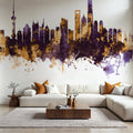 Shanghai China Skyline Purple & Gold Mural Wallpaper - room preview 02