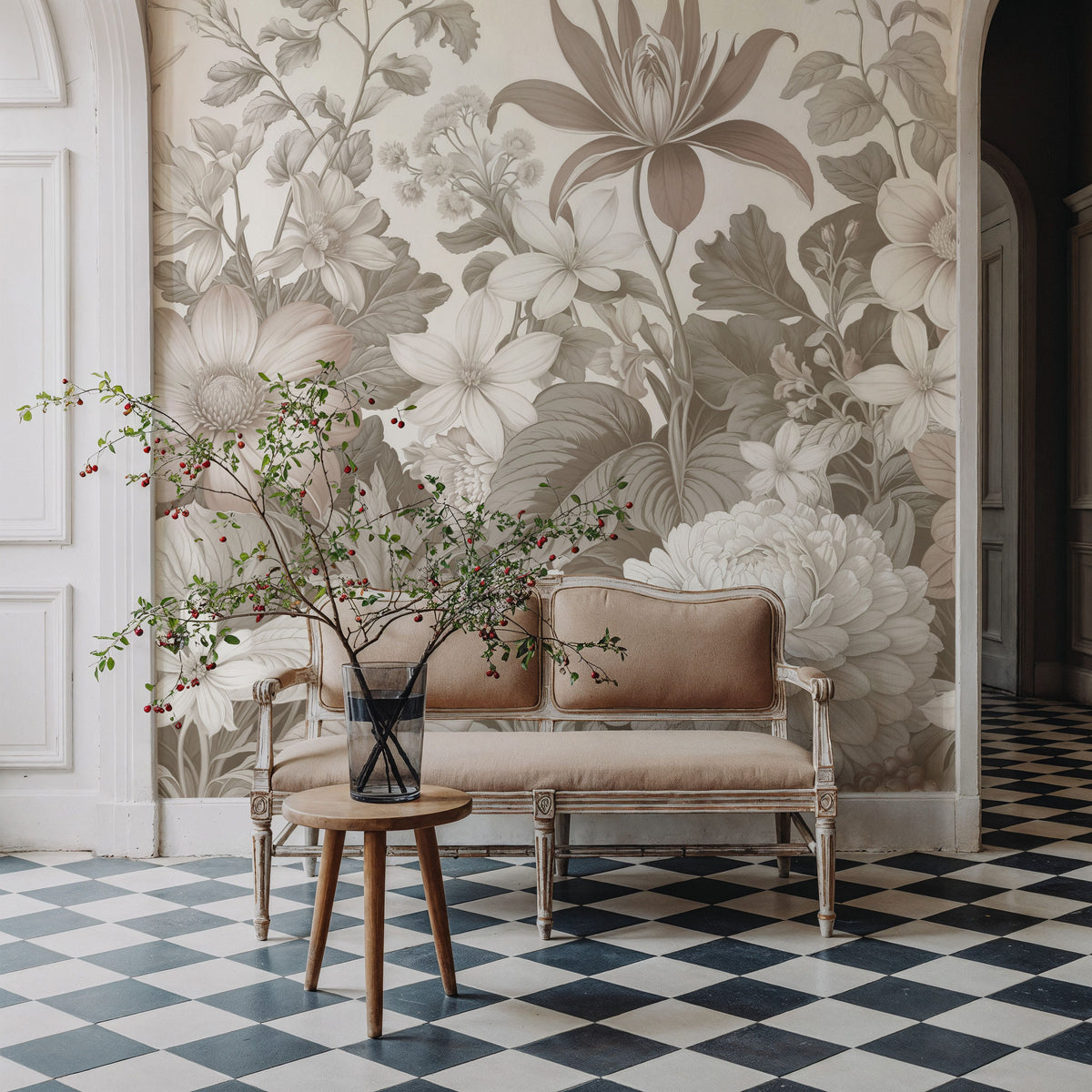 Dahlia Days, Greige Mural Wallpaper - room preview 02