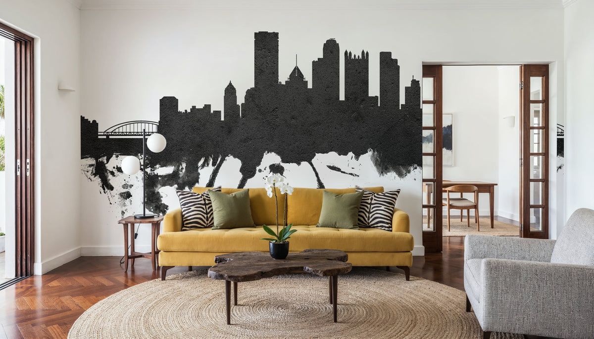 Pittsburg Pennsylvania Skyline Black & White Mural Wallpaper - room preview 02