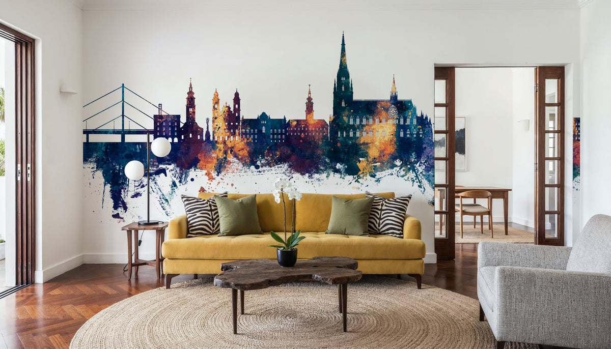 Linz Austria Skyline Blue & Bronze Mural Wallpaper - room preview 02