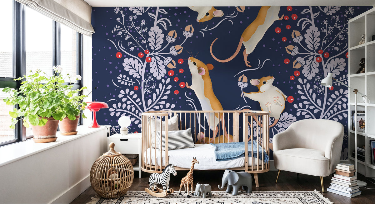 Holiday Mice, Blue Mural Wallpaper - room preview 02