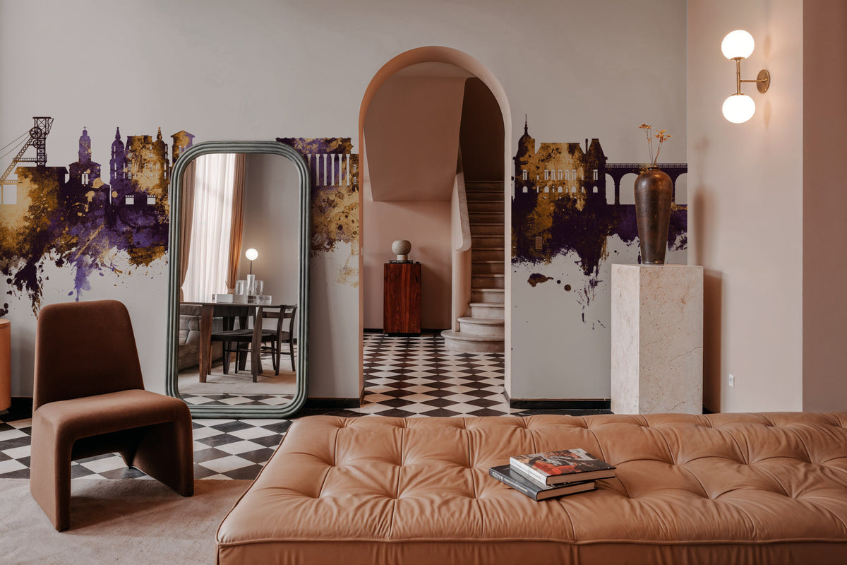 Saint-Étienne France Skyline Purple & Gold Mural Wallpaper - room preview 02