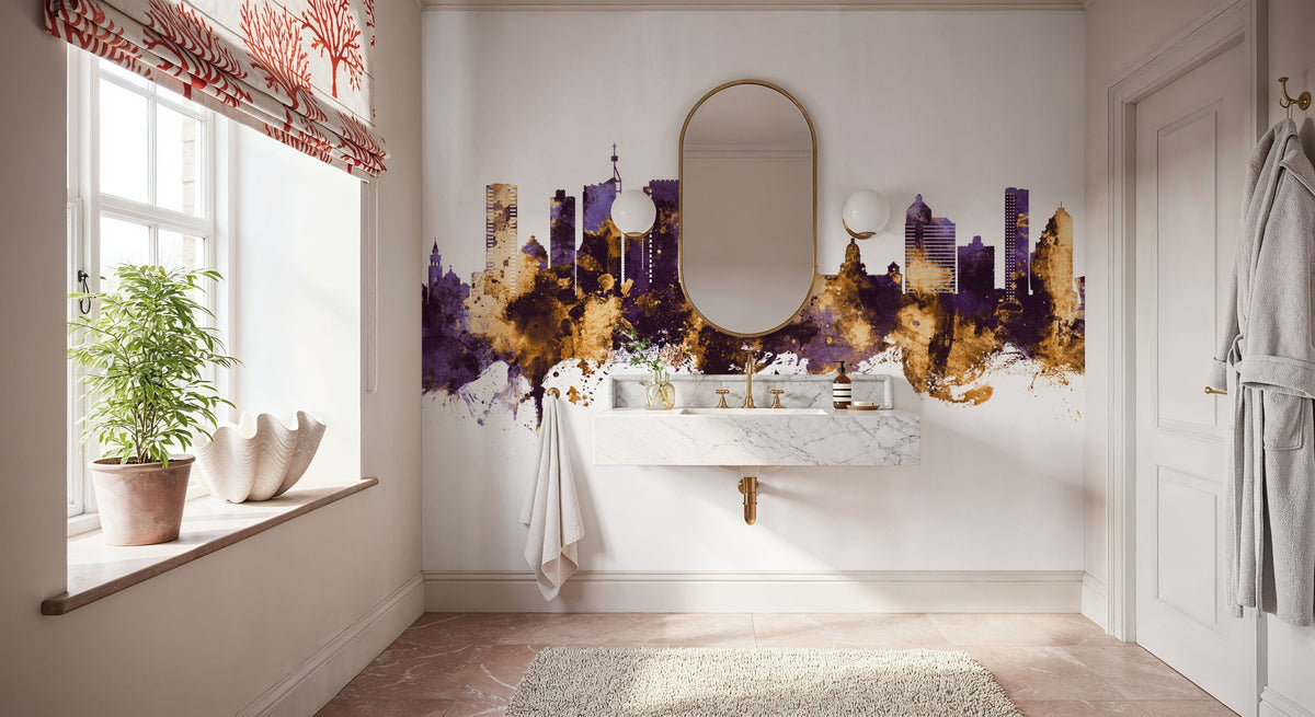 Durban South Africa Skyline Purple & Gold Mural Wallpaper - room preview 02