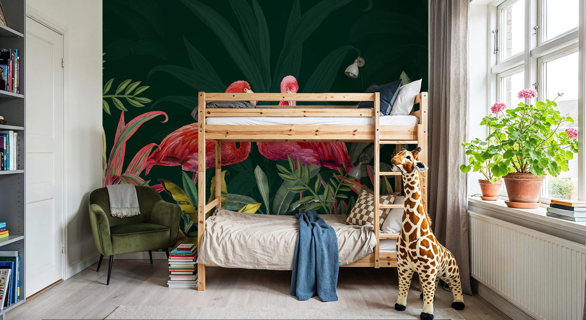 Dwellpaper Shy Flamingos Dark Mural Wallpaper image 2