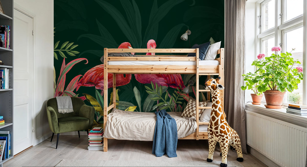Shy Flamingos Dark Mural Wallpaper - room preview 02