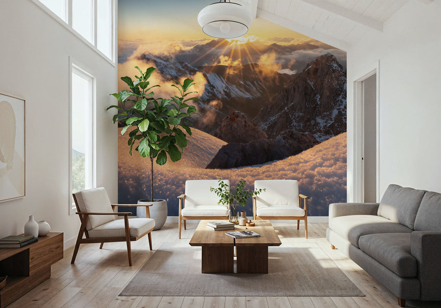 Golden Alpine Sunset Mural Wallpaper — Valluga Mountain Panorama