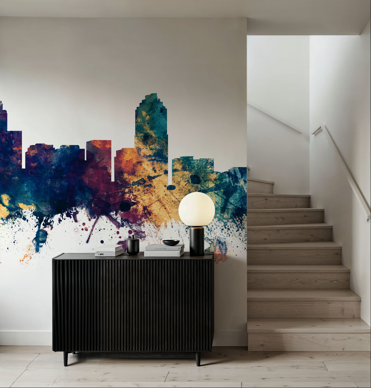 Raleigh North Carolina Skyline Blue & Bronze Mural Wallpaper - room preview 02