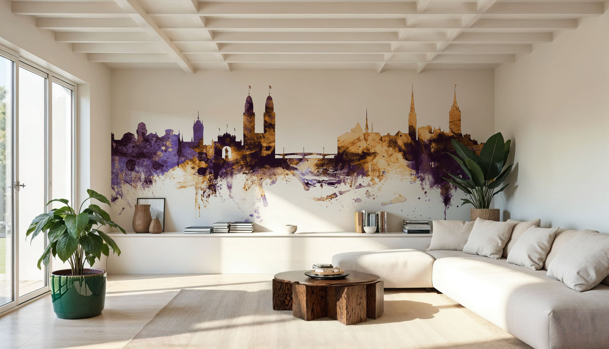 Zurich Switzerland Skyline Purple & Gold Mural Wallpaper - room preview 02
