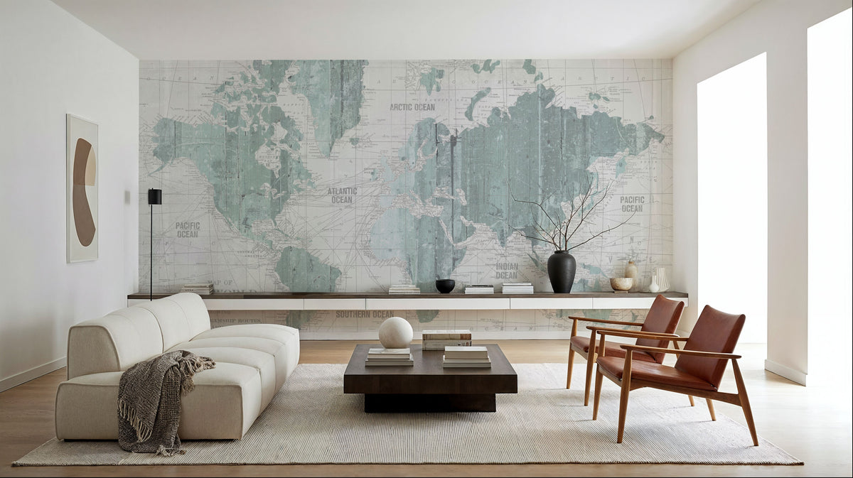 Old World Map Mint Gray Mural Wallpaper - room preview 02