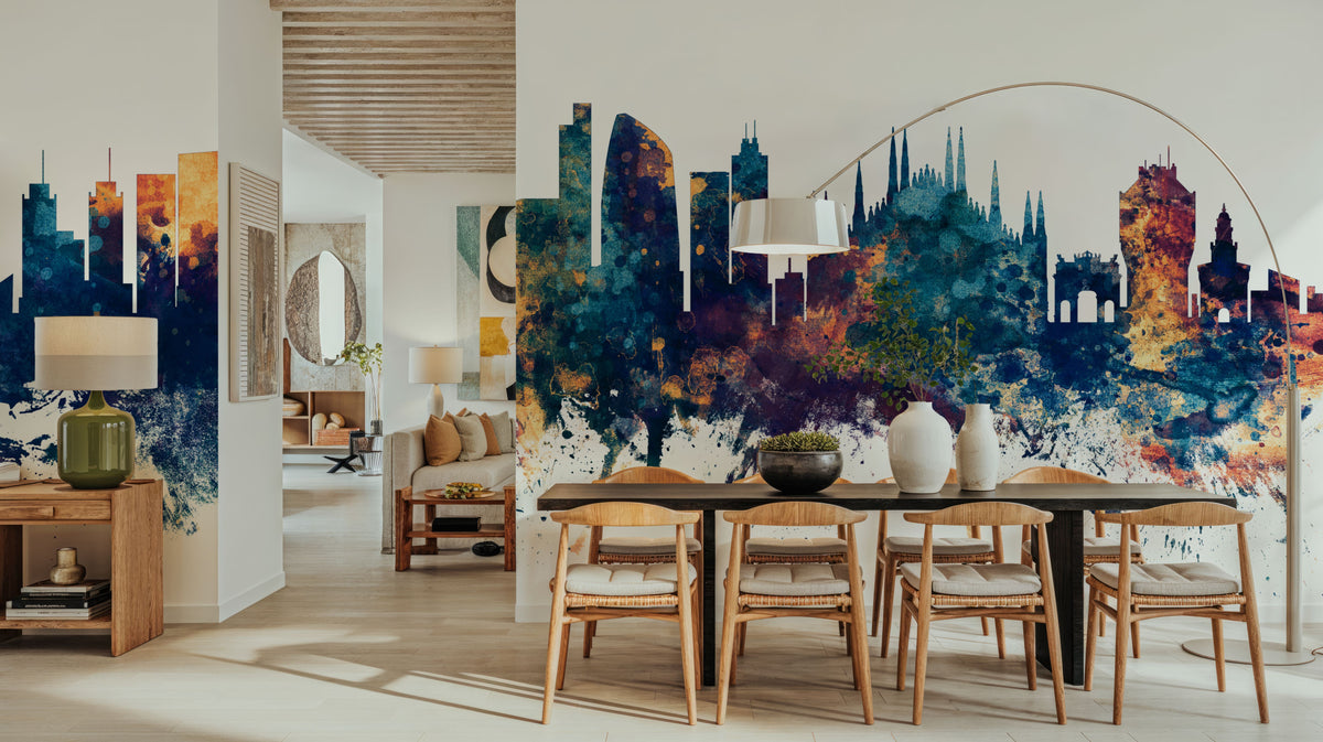 Milan Italy Skyline Blue & Bronze Mural Wallpaper - room preview 02