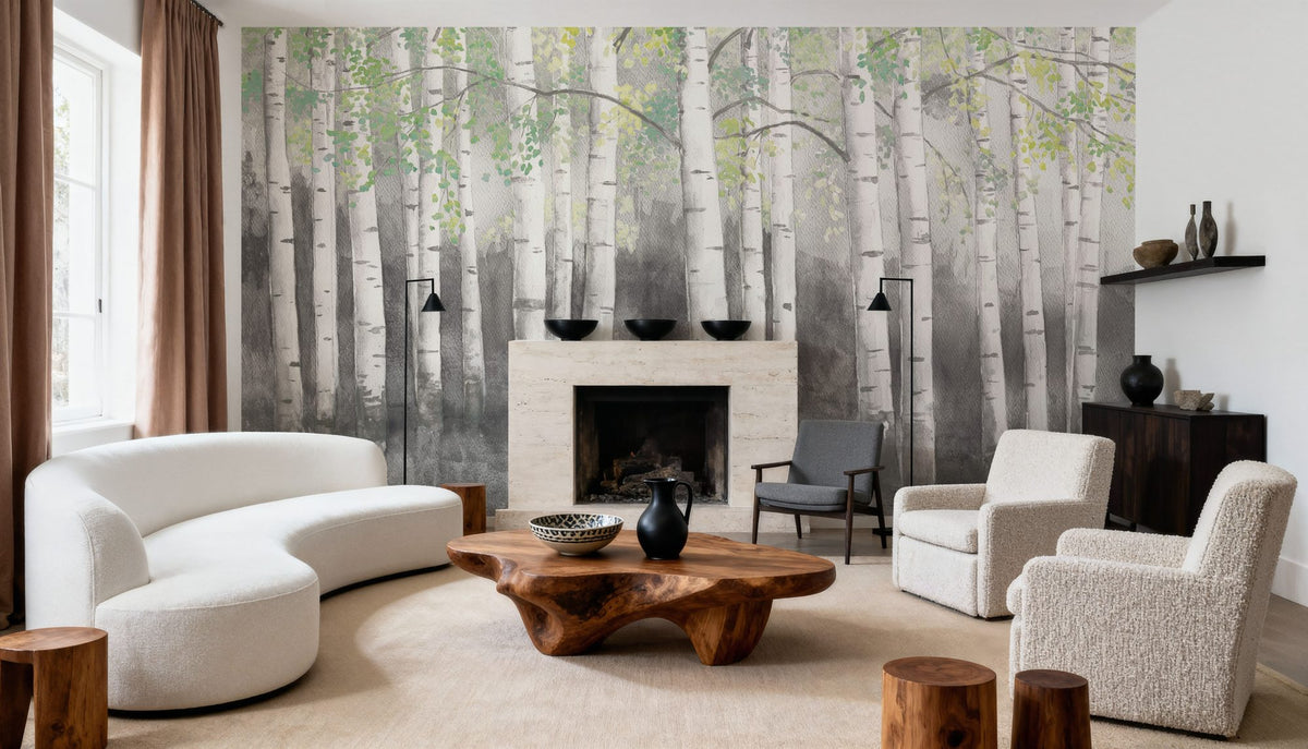 Soft Birches Charcoal Mural Wallpaper - room preview 02