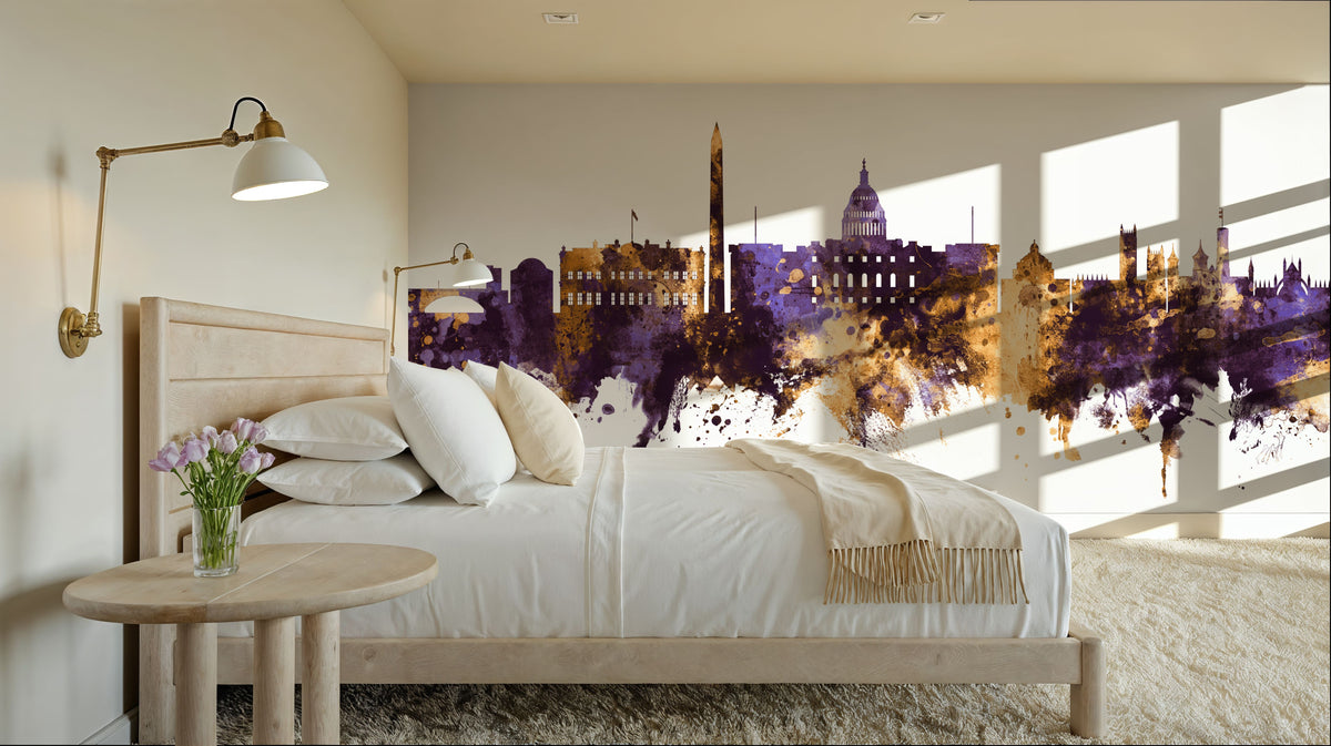 Washington DC Skyline Purple & Gold Mural Wallpaper - room preview 02