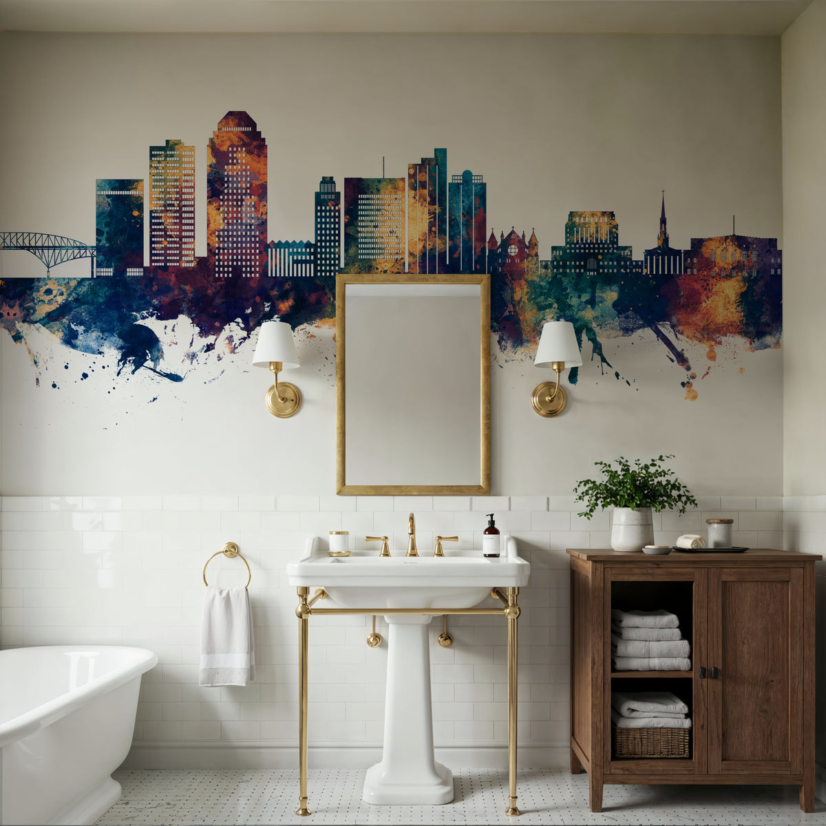 Shreveport Louisiana Skyline Blue & Bronze Mural Wallpaper - room preview 02