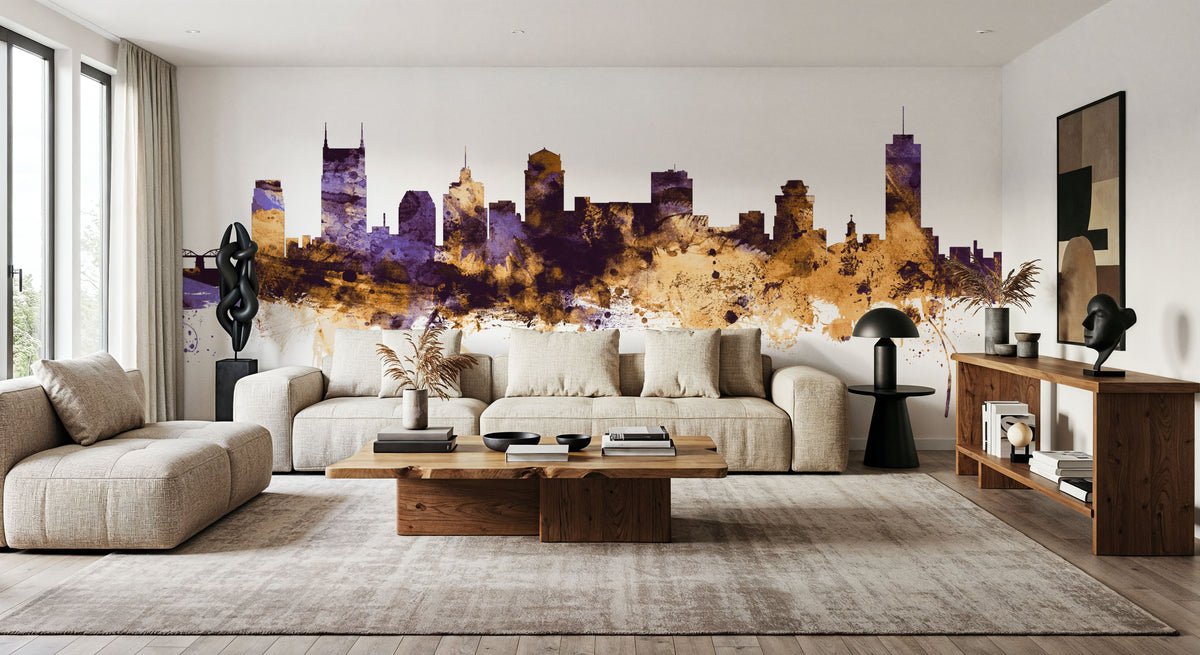Nashville Tennessee Skyline Purple & Gold Mural Wallpaper - room preview 02