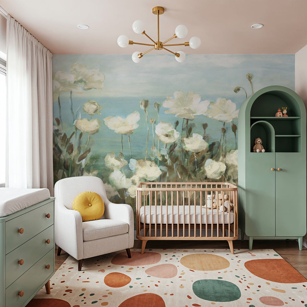 Field of Poppies Bright Cream Crop Mural Wallpaper - room preview 02