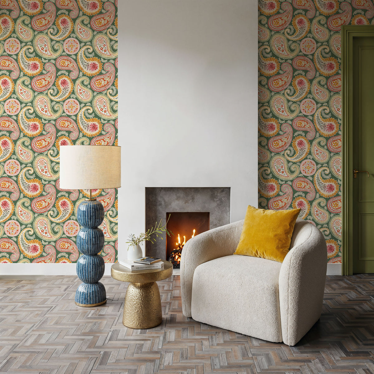 Harvest Paisley Green Mural Wallpaper - room preview 02