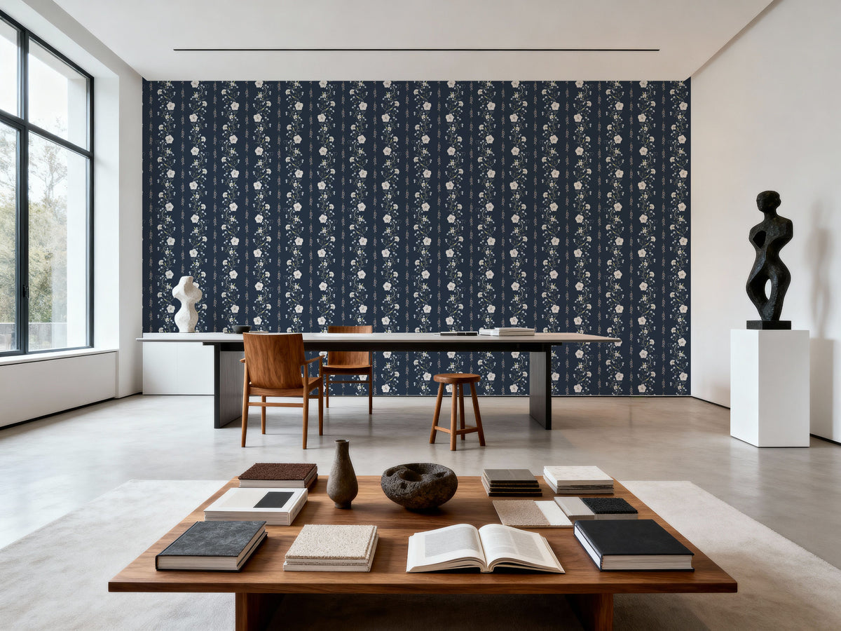 Trailing Flower Stripe, Navy Mural Wallpaper - room preview 02