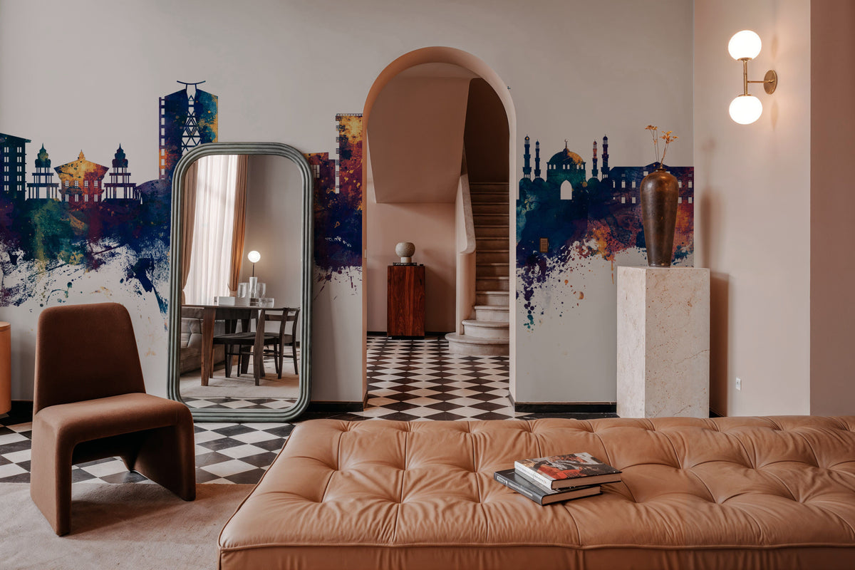 Paramaribo Suriname Skyline Blue & Bronze Mural Wallpaper - room preview 02