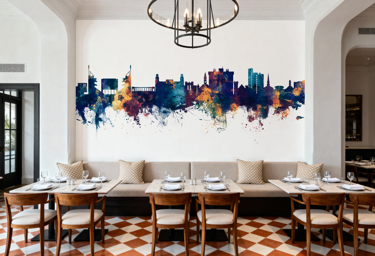 Fayetteville Arkansas Skyline Blue & Bronze Mural Wallpaper - room preview 02