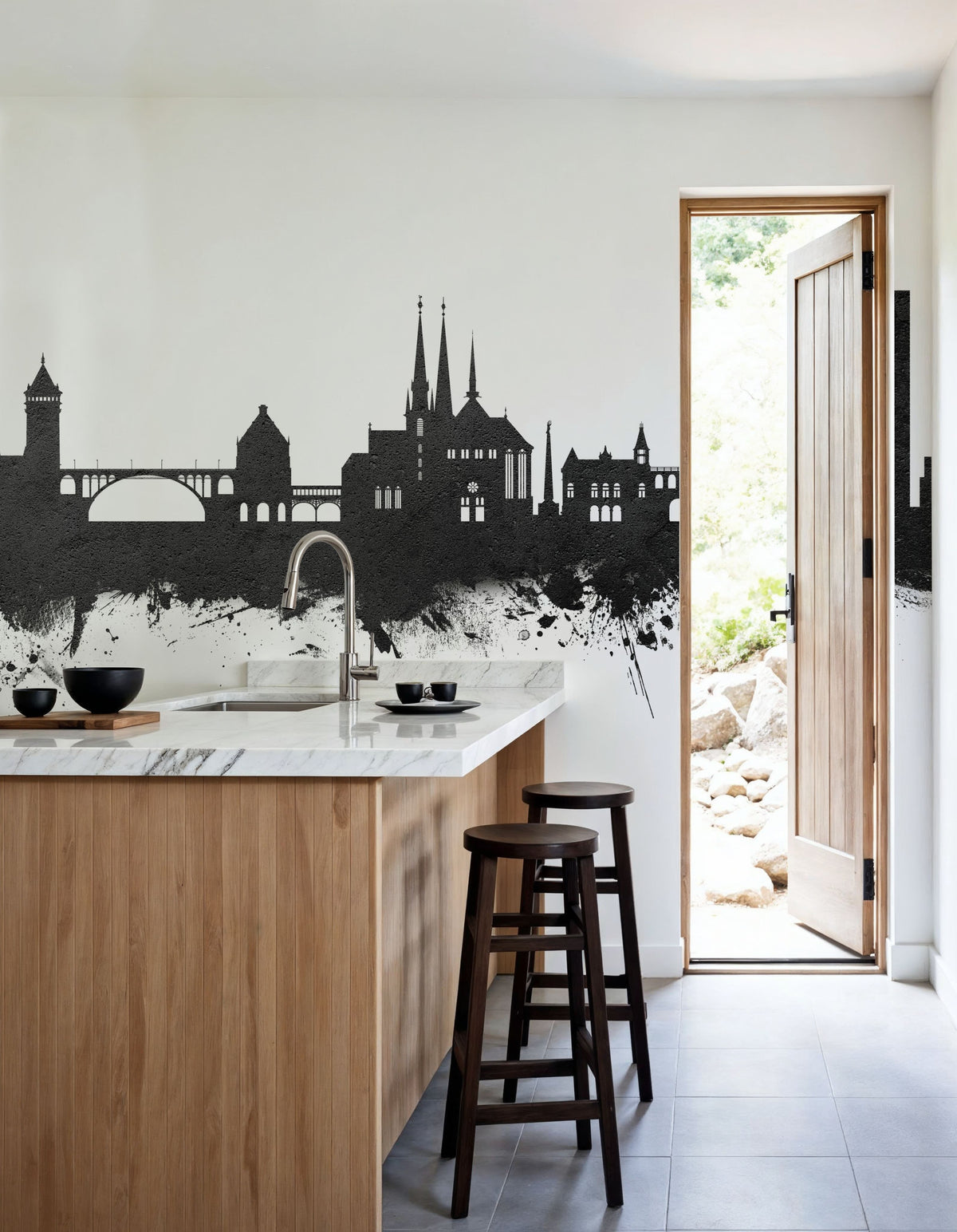 Luxembourg City Skyline Black & White Mural Wallpaper - room preview 02