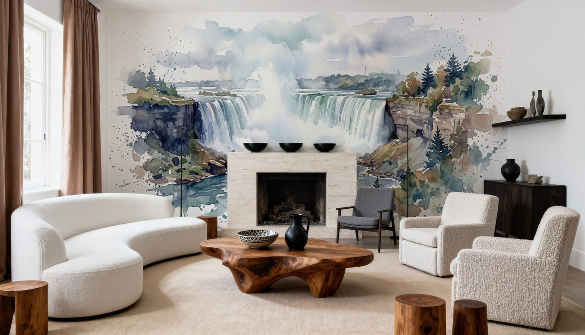 Northern Waterfall - Watercolor Landscapes Series Mural Wallpaper - room preview 02