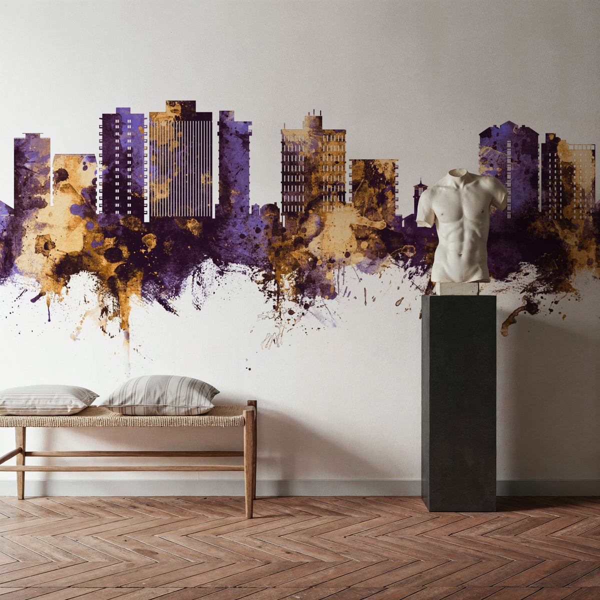 San Mateo California Skyline Purple & Gold Mural Wallpaper - room preview 02