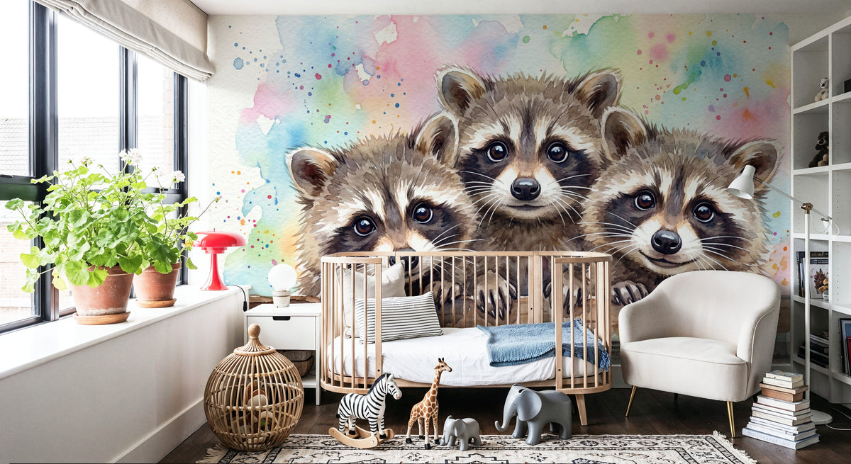 Raccoons - Cute Baby Animals Series Mural Wallpaper - room preview 02