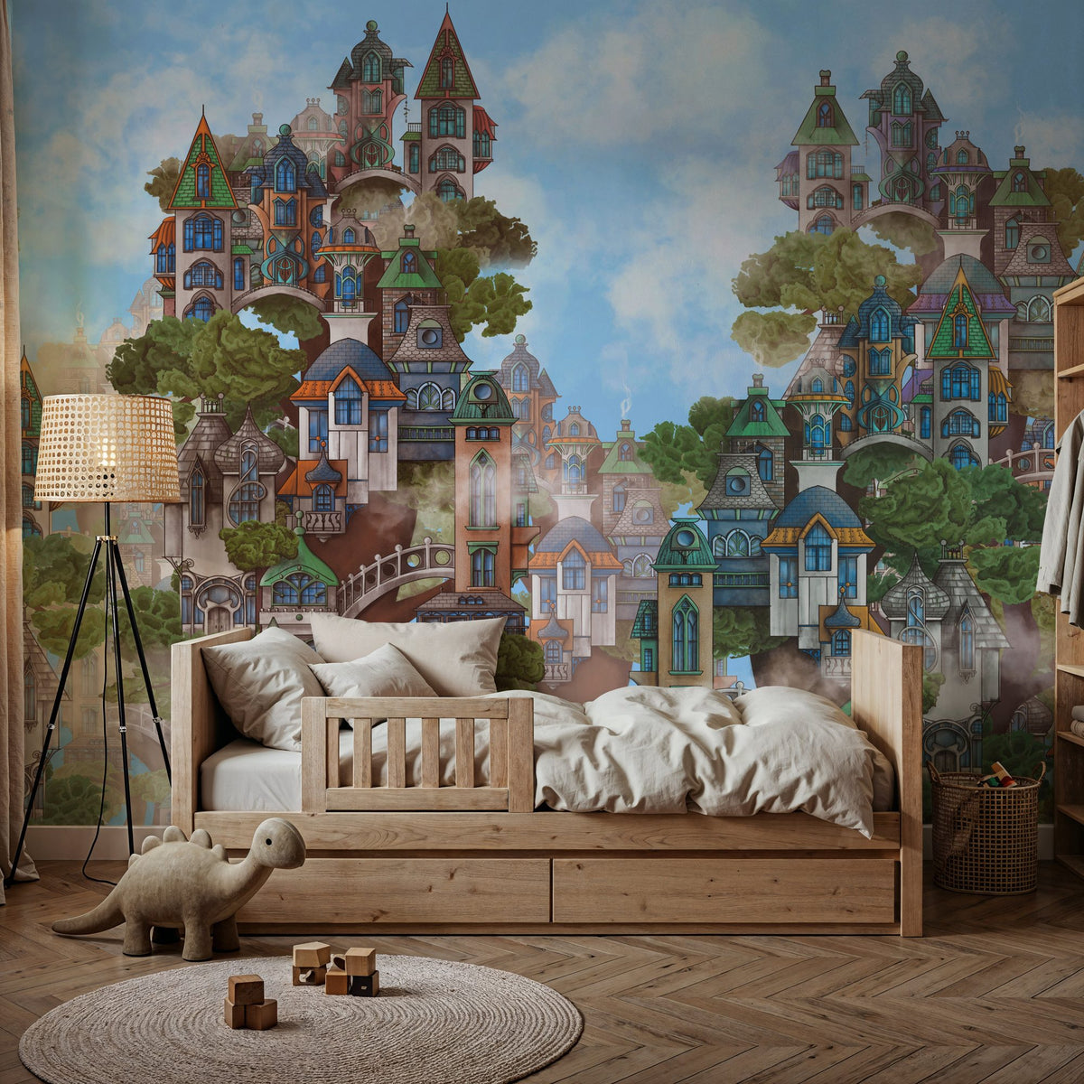 Treehouse Neighborhood Warm Bright Mural Wallpaper - room preview 02