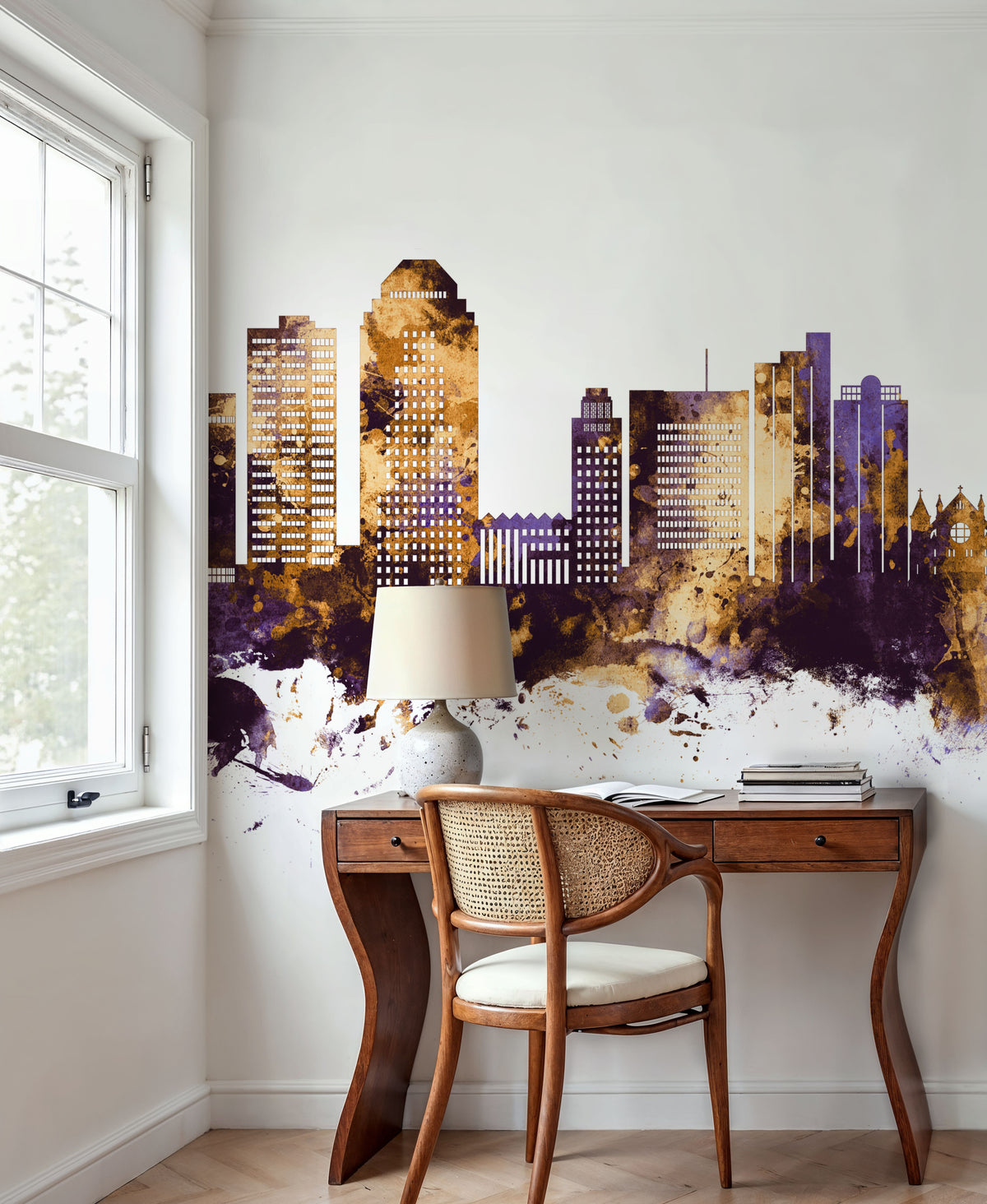 Shreveport Louisiana Skyline Purple & Gold Mural Wallpaper - room preview 02
