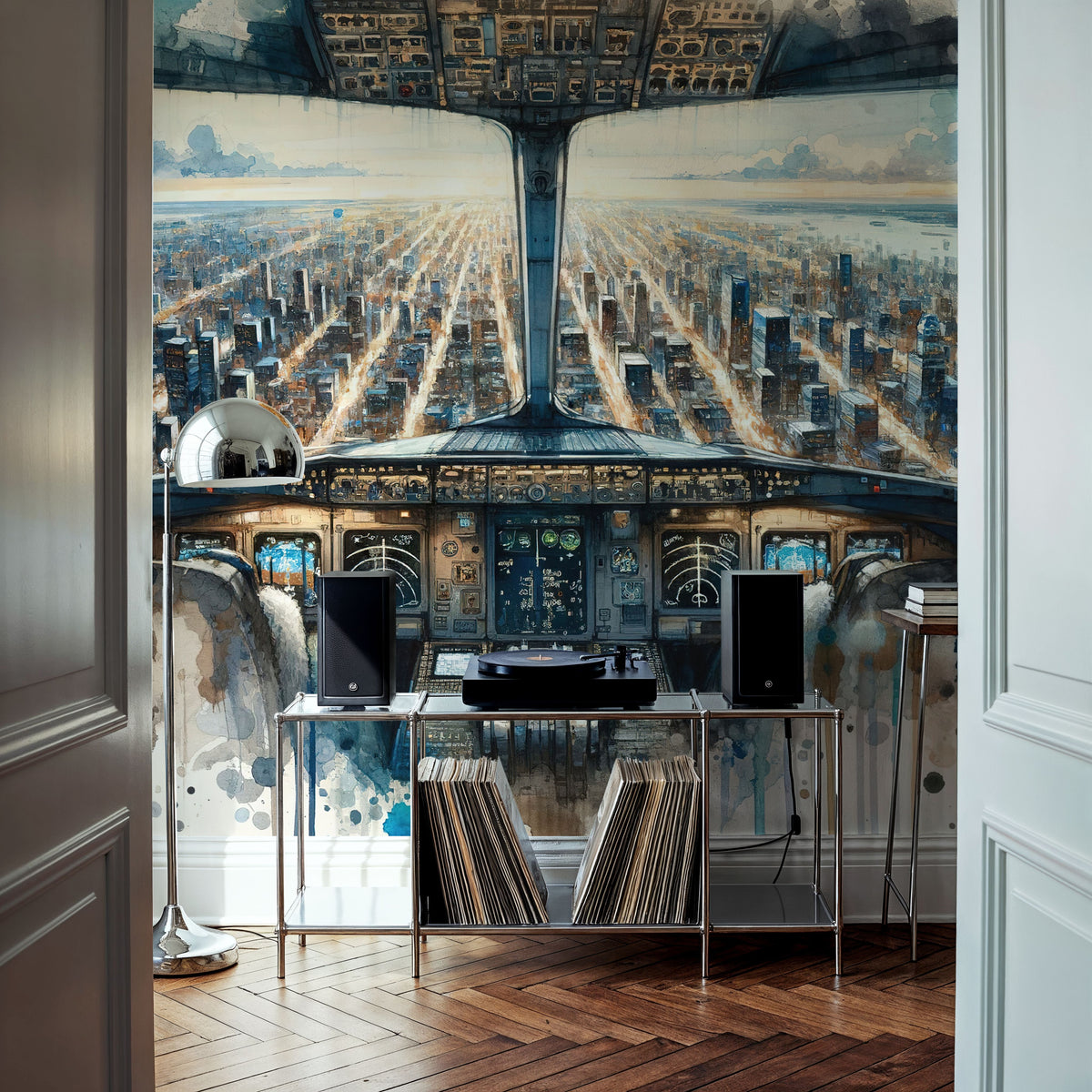 Cityscape From Airplane Cockpit Mural Wallpaper - room preview 02