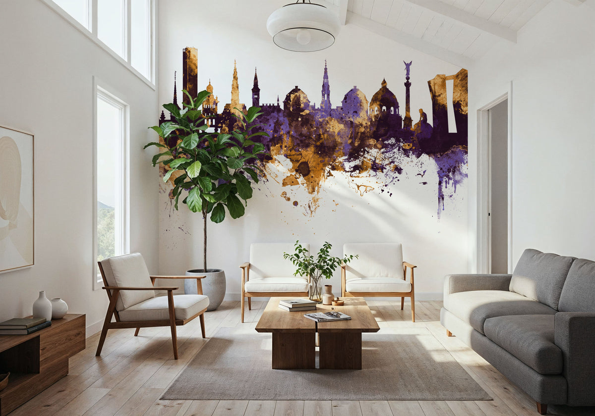 Copenhagen Skyline Purple & Gold Mural Wallpaper - room preview 02