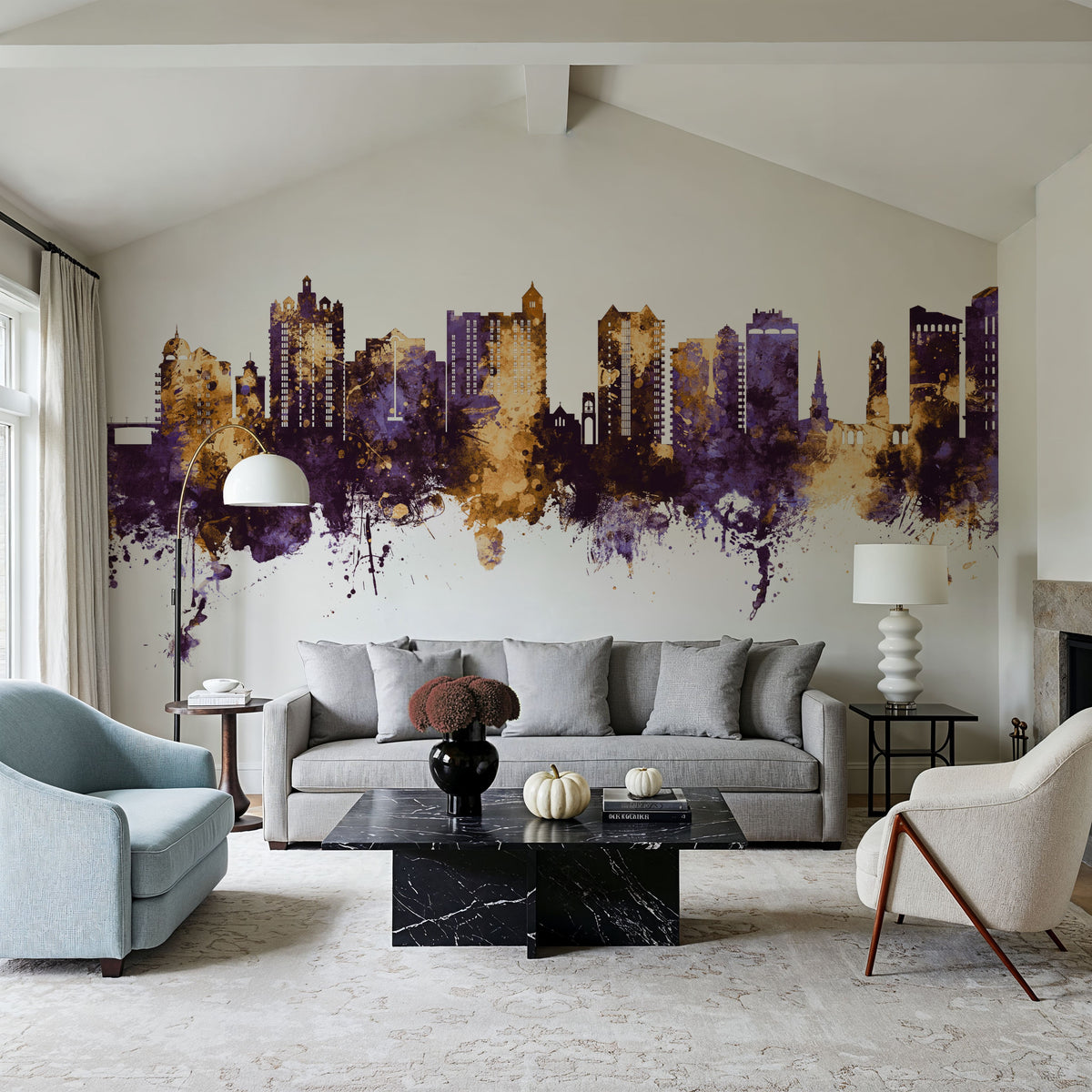 Sarasota Florida Skyline Purple & Gold Mural Wallpaper - room preview 02