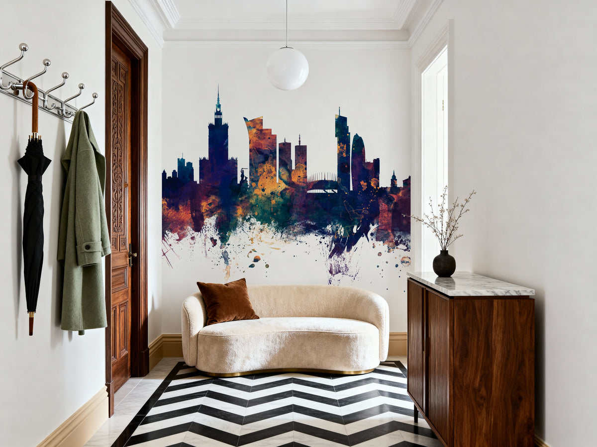 Warsaw Poland Skyline Blue & Bronze Mural Wallpaper - room preview 02
