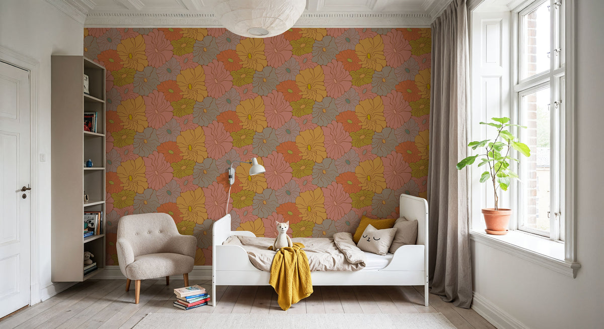 Cool Fluid Flowers, Muted Mural Wallpaper - room preview 02