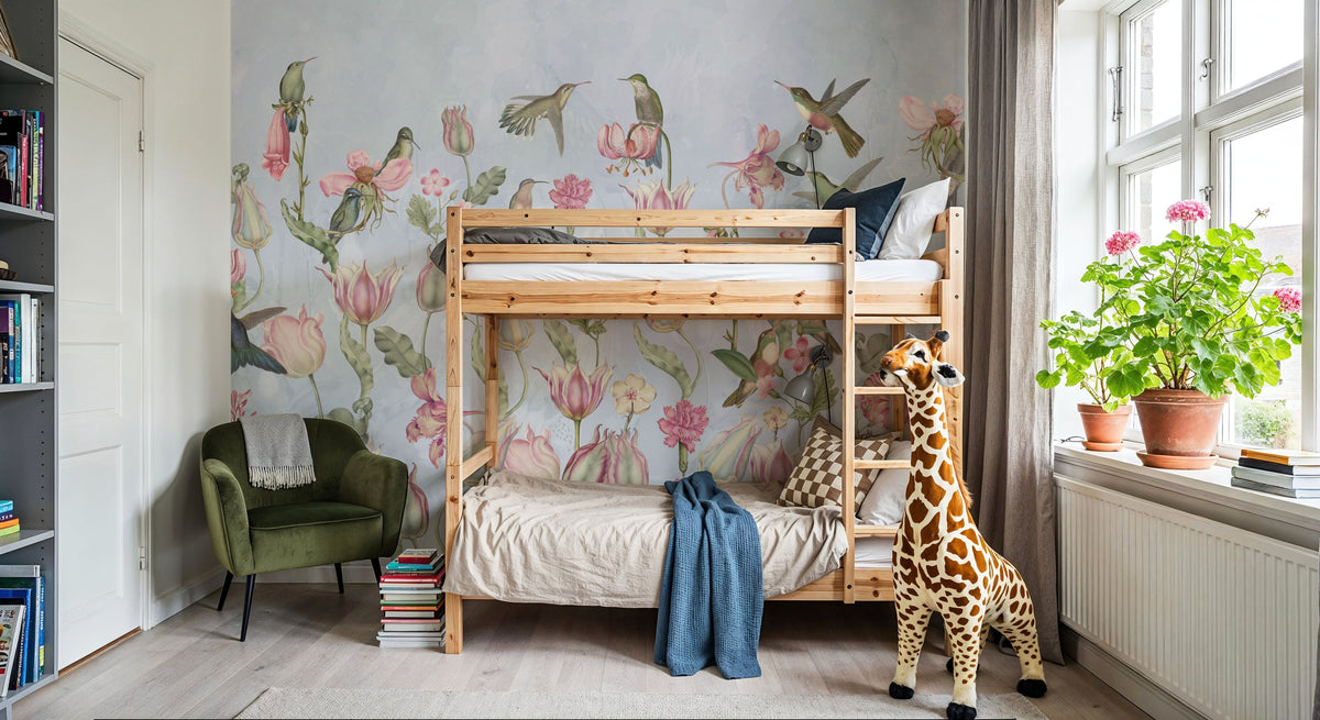 Tulips & Birds, Sky Blue Mural Wallpaper - room preview 02