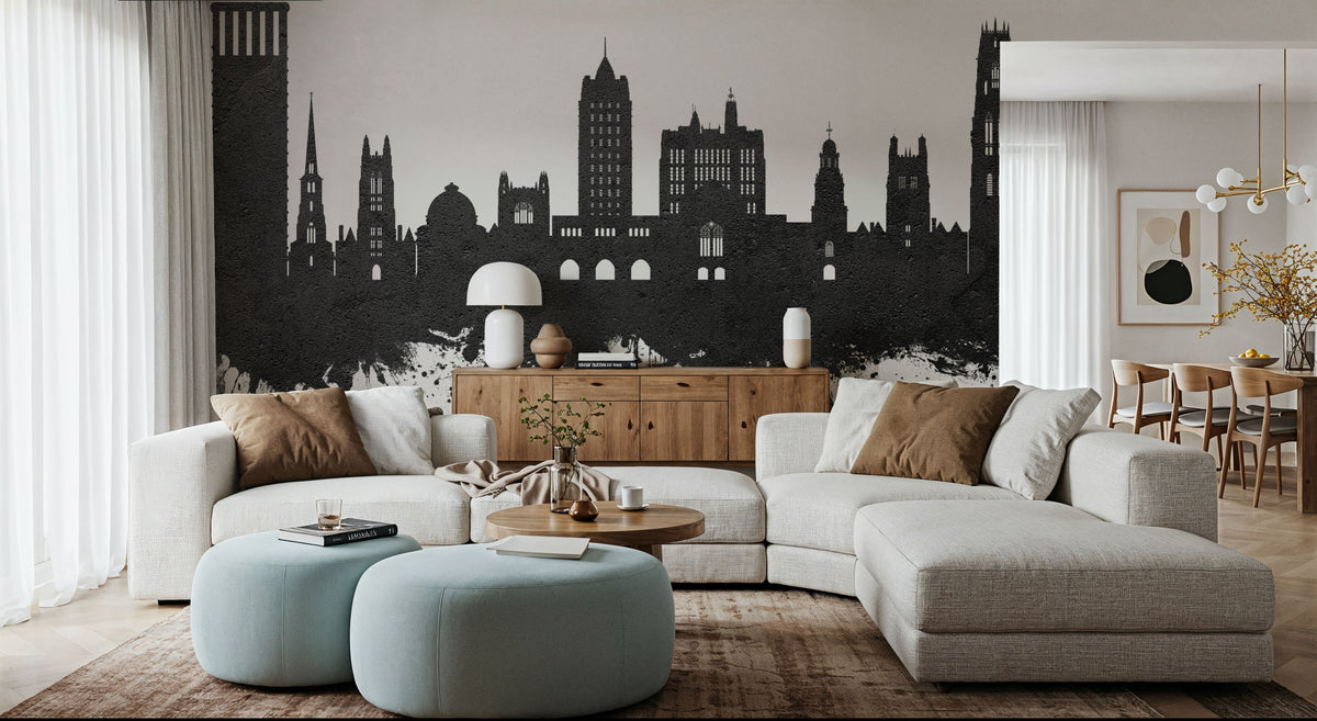 New Haven Connecticut Skyline Black & White Mural Wallpaper - room preview 02