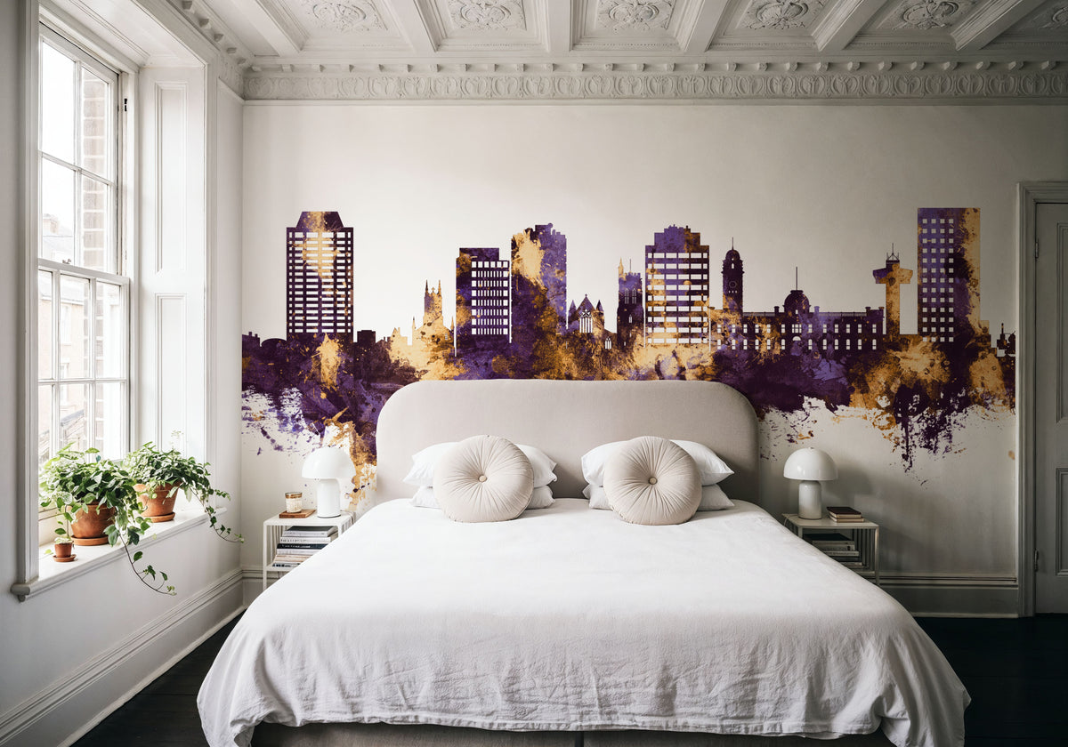 Hobart Australia Skyline Purple & Gold Mural Wallpaper - room preview 02