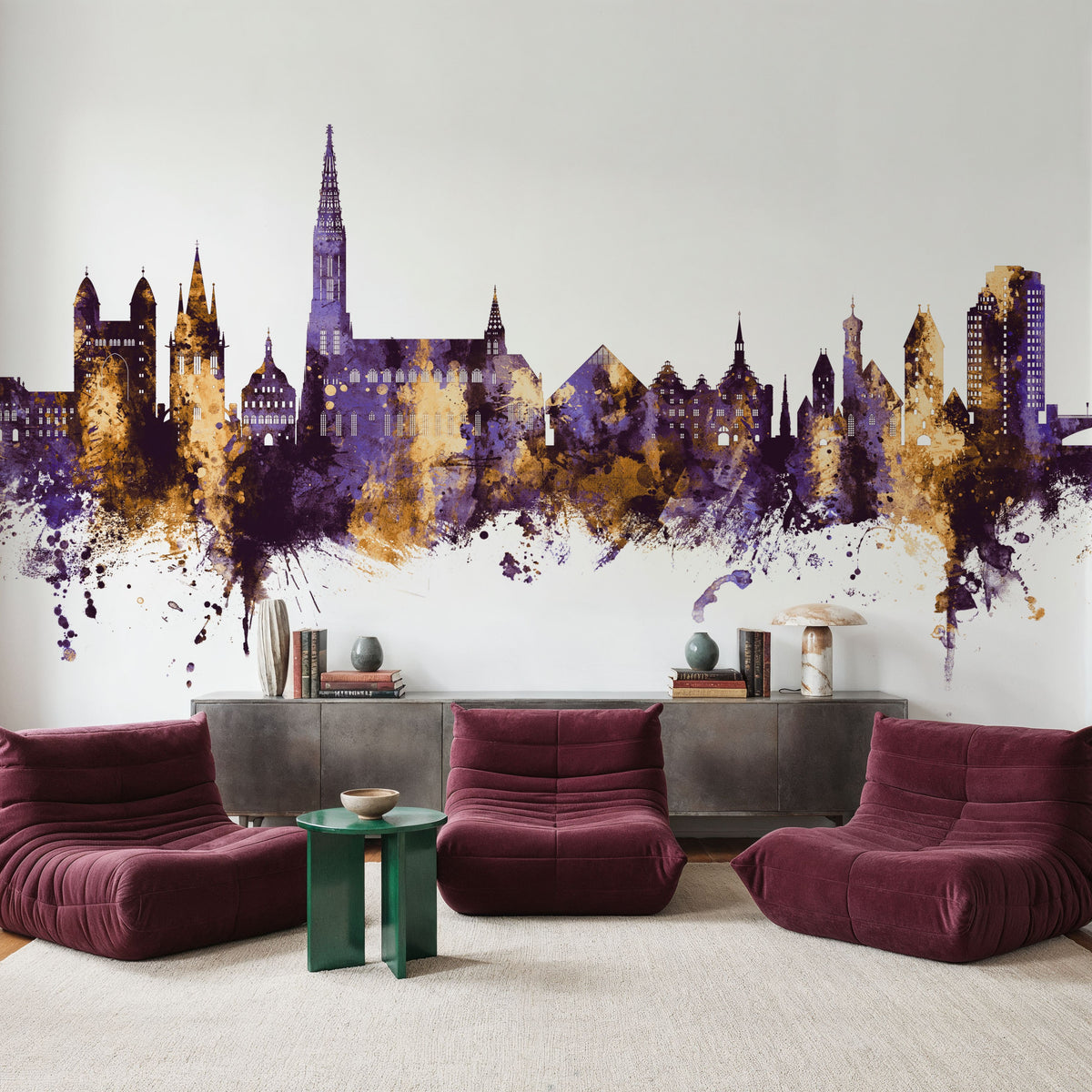 Ulm Germany Skyline Purple & Gold Mural Wallpaper - room preview 02