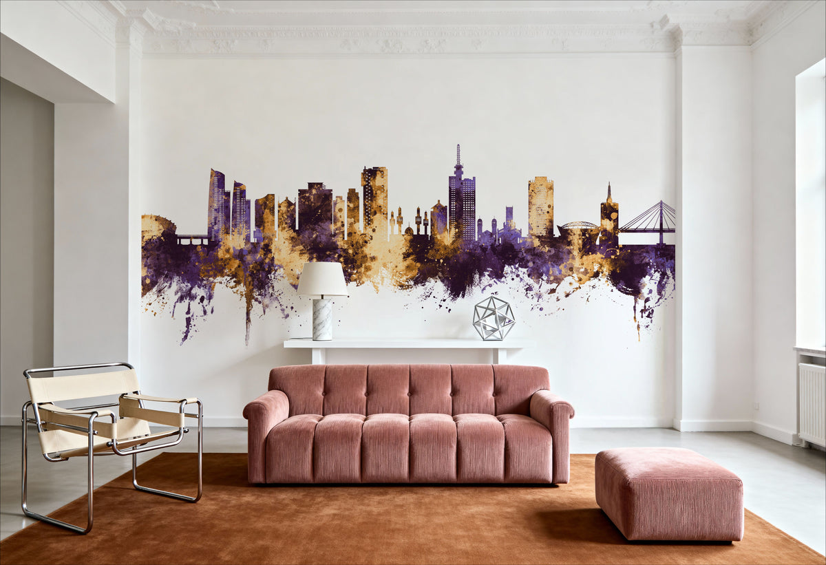 Lagos Nigeria Skyline Purple & Gold Mural Wallpaper - room preview 02