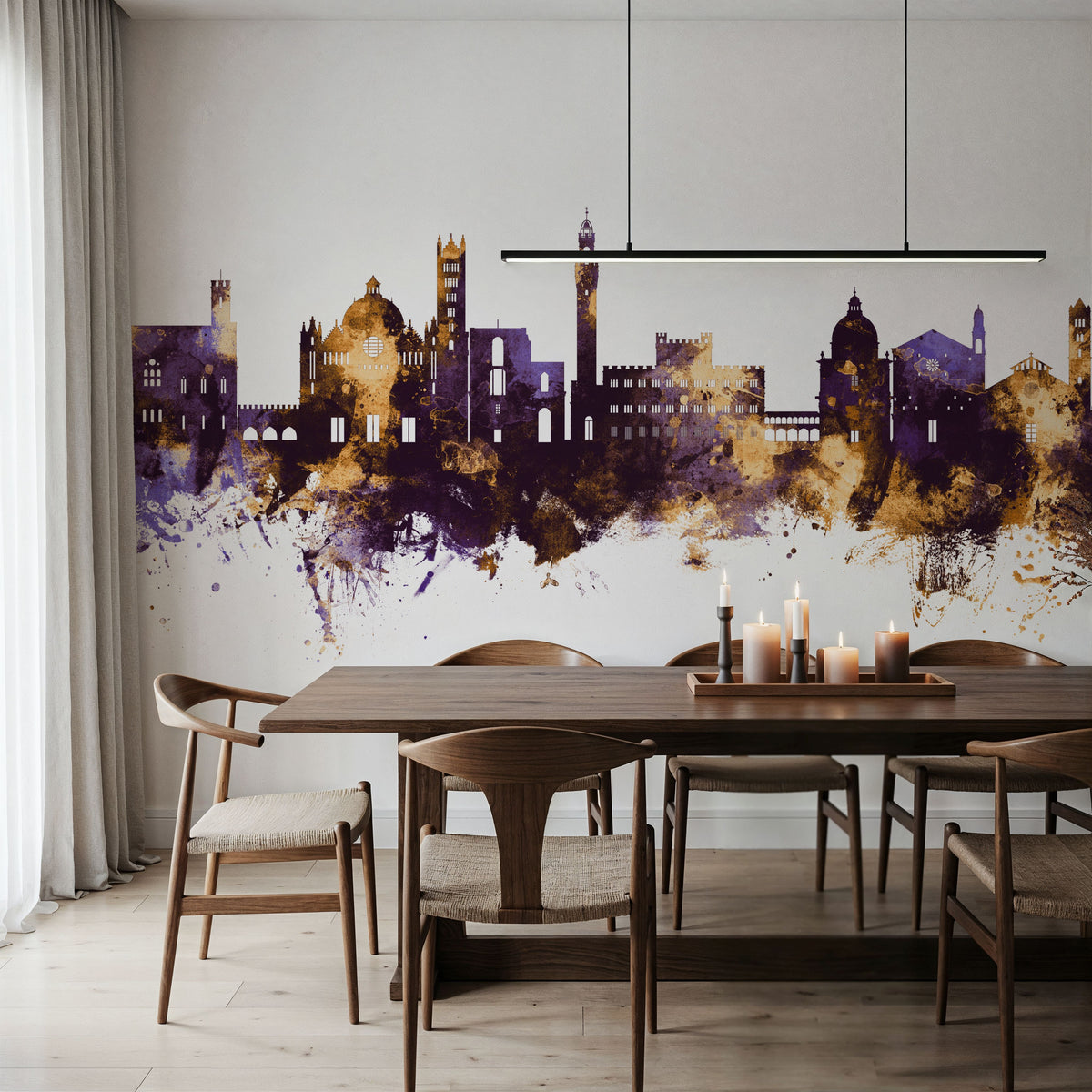 Siena Italy Skyline Purple & Gold Mural Wallpaper - room preview 02