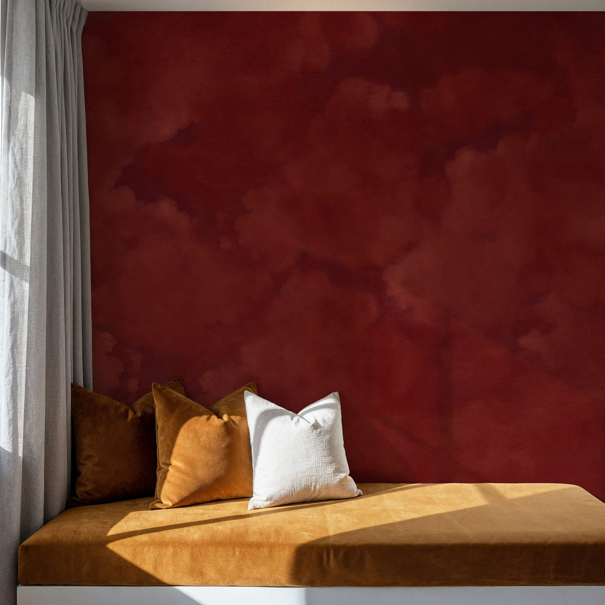 Painted Dreamy Clouds, Cherry Red Mural Wallpaper - room preview 02
