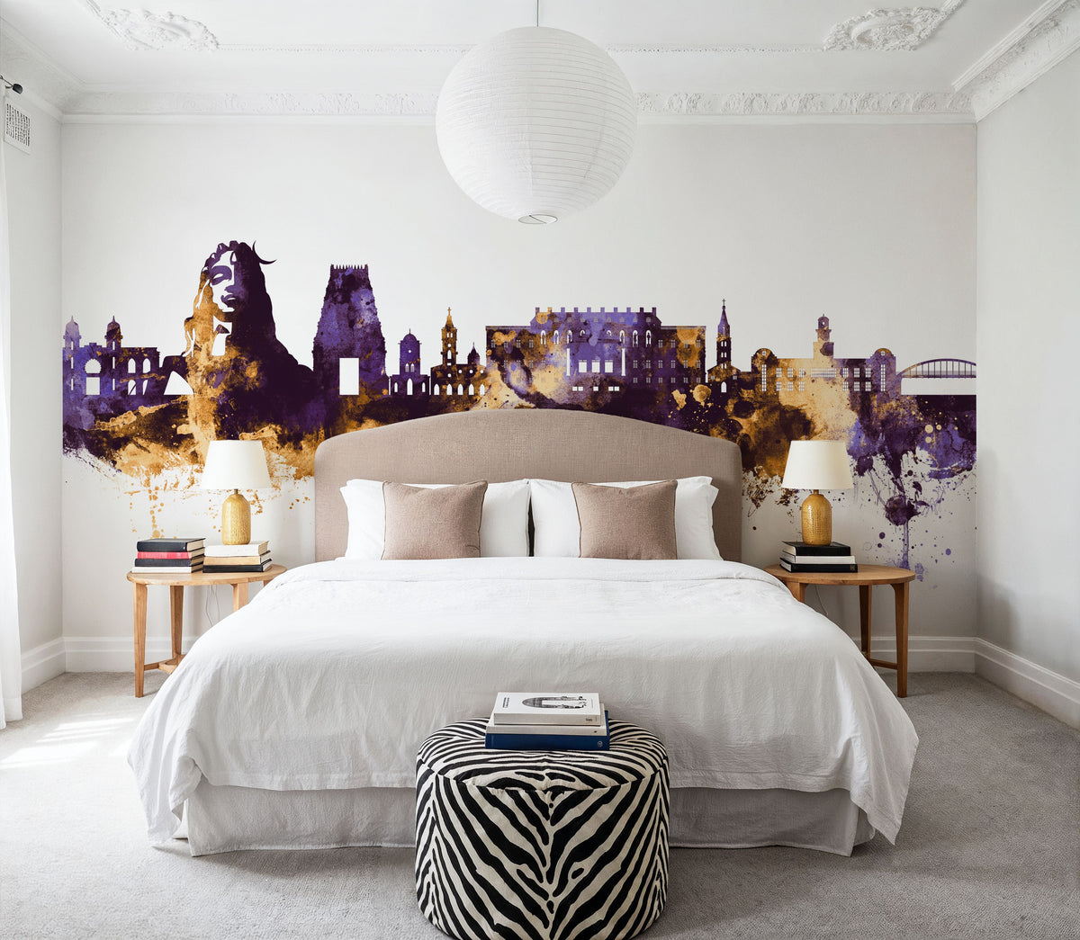Coimbatore India Skyline Purple & Gold Mural Wallpaper - room preview 02