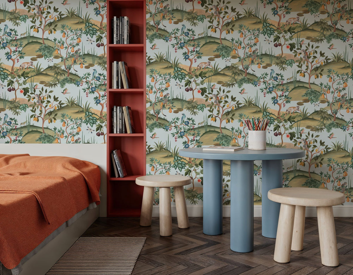 Orchard Reverie Pattern, Sky Blue Mural Wallpaper - room preview 02